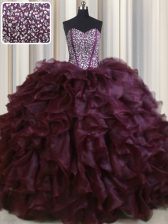 Classical Visible Boning With Train Ball Gowns Sleeveless Burgundy Quinceanera Dress Brush Train Lace Up