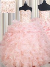 Traditional Sleeveless Floor Length Beading and Ruffles Lace Up Quinceanera Dresses with Baby Pink