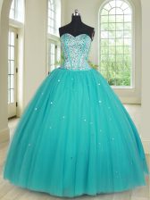  Floor Length Lace Up Quinceanera Dress Aqua Blue for Military Ball and Sweet 16 and Quinceanera with Beading