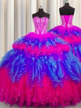 Glorious Bling-bling Visible Boning Sweetheart Sleeveless Tulle Quinceanera Gowns Beading and Ruffles and Ruffled Layers and Sequins Lace Up