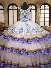 High Quality Ruffled Straps Sleeveless Lace Up 15th Birthday Dress White Organza and Taffeta