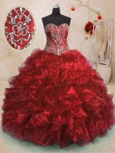  Wine Red Ball Gowns Sweetheart Sleeveless Organza With Train Sweep Train Lace Up Beading and Ruffles Quinceanera Dress
