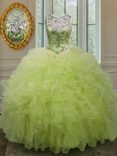  Scoop Yellow Green Sleeveless Organza Lace Up Sweet 16 Dress for Military Ball and Sweet 16 and Quinceanera