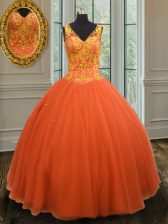  Sleeveless Tulle Floor Length Zipper Quince Ball Gowns in Orange Red with Beading