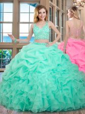 Traditional Sleeveless Organza Floor Length Zipper Quinceanera Gown in Apple Green with Beading and Ruffles and Pick Ups