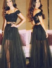 Captivating Lace Off The Shoulder Sleeveless Zipper Lace Prom Dress in Black