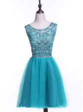  Scoop Sequins Teal Sleeveless Tulle Zipper Prom Party Dress for Prom