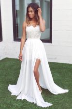 White A-line Lace Prom Gown Zipper Chiffon Sleeveless