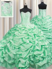  Beading and Pick Ups Sweet 16 Dresses Apple Green Lace Up Sleeveless With Brush Train
