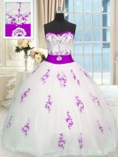 Dazzling White Organza Lace Up Vestidos de Quinceanera Sleeveless Floor Length Appliques and Belt