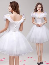 Hot Sale Off The Shoulder Sleeveless Tulle Prom Dress Appliques and Ruffles Lace Up