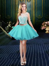  Scoop Mini Length Clasp Handle Evening Dress Aqua Blue for Prom and Party with Lace