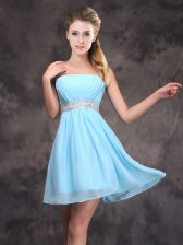  Baby Blue Chiffon Zipper Quinceanera Court of Honor Dress Sleeveless Mini Length Sequins and Ruching
