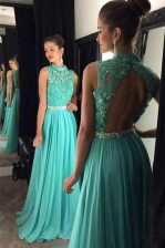 Luxurious Scoop Turquoise Sleeveless Floor Length Beading and Lace Backless Prom Dress