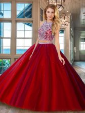  Scoop Sleeveless Tulle Backless Sweet 16 Dresses in Red with Beading