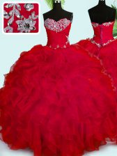  Beading and Ruffles Quince Ball Gowns Red Lace Up Sleeveless Floor Length