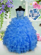 Trendy Sequins Ruffled Floor Length Light Blue Kids Pageant Dress Sweetheart Sleeveless Lace Up