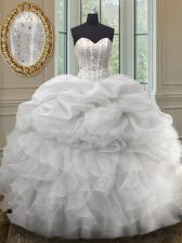 Superior White Sleeveless Beading and Ruffles and Pick Ups Floor Length Quince Ball Gowns