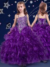  Floor Length Lace Up Kids Formal Wear Purple for Quinceanera and Wedding Party with Beading and Ruffled Layers