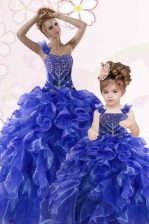  One Shoulder Beading and Ruffles Quinceanera Dress Royal Blue Lace Up Sleeveless Floor Length