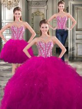 Most Popular Three Piece Tulle Sweetheart Sleeveless Lace Up Beading and Ruffles Vestidos de Quinceanera in Fuchsia