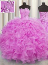 Graceful Sweetheart Sleeveless Sweet 16 Dress Floor Length Beading and Ruffles Lilac Organza