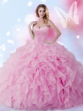 Trendy Beading and Ruffles 15th Birthday Dress Rose Pink Lace Up Sleeveless Floor Length