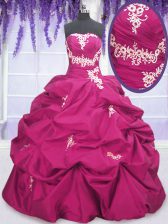  Fuchsia Ball Gowns Taffeta Strapless Sleeveless Appliques and Ruching and Pick Ups Floor Length Lace Up Quinceanera Dresses