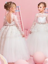 Latest Scoop Long Sleeves Tulle Floor Length Backless Toddler Flower Girl Dress in White with Lace and Bowknot