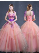 Fashion V-neck Sleeveless Lace Up Quinceanera Dress Watermelon Red Organza