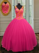  Hot Pink Sleeveless Beading Floor Length Quinceanera Dress