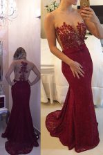  Mermaid Scoop Sleeveless Evening Dress Sweep Train Beading and Appliques Burgundy Lace