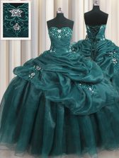 High End Ball Gowns Quinceanera Gown Teal Sweetheart Organza Sleeveless Floor Length Lace Up