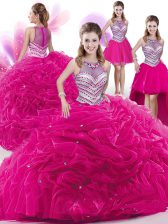 Hot Selling Four Piece Pick Ups Floor Length Ball Gowns Sleeveless Hot Pink 15th Birthday Dress Zipper