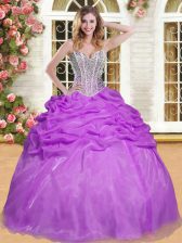  Sleeveless Organza Floor Length Lace Up Quinceanera Dress in Eggplant Purple with Beading and Pick Ups