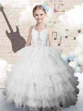  Halter Top Sleeveless Floor Length Beading and Ruffled Layers Lace Up Girls Pageant Dresses with White
