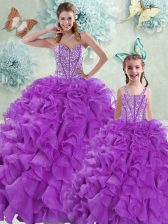 Extravagant Eggplant Purple 15 Quinceanera Dress Military Ball and Sweet 16 and Quinceanera with Beading and Ruffles Sweetheart Sleeveless Brush Train Lace Up