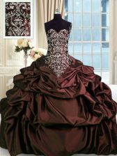  Burgundy Taffeta Zipper Sweetheart Sleeveless Floor Length Sweet 16 Dress Beading and Embroidery and Pick Ups