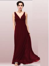  Floor Length Burgundy Prom Gown V-neck Sleeveless Zipper