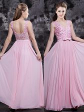  Sleeveless Prom Dress Floor Length Appliques and Bowknot Baby Pink Chiffon