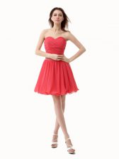 Fitting Watermelon Red Zipper Sweetheart Beading and Ruching Prom Party Dress Chiffon Sleeveless