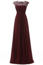  Scoop Burgundy Sleeveless Floor Length Lace Zipper Dress for Prom