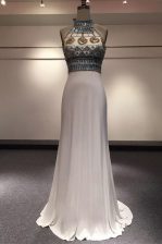  High-neck Sleeveless Homecoming Dress With Brush Train Beading White Elastic Woven Satin