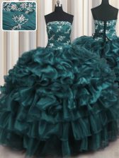  Teal Organza Lace Up Sweet 16 Dress Sleeveless Floor Length Appliques and Ruffles and Ruffled Layers