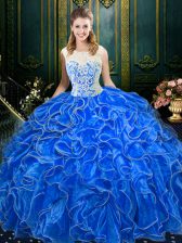  Scoop Sleeveless Quinceanera Dress Floor Length Lace and Ruffles Royal Blue Organza