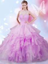Popular Lilac Tulle Lace Up High-neck Sleeveless Floor Length Quinceanera Dress Beading and Ruffles