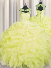 Shining Pick Ups Ball Gowns 15th Birthday Dress Yellow Scoop Organza Sleeveless Floor Length Lace Up