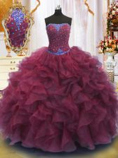 Custom Design Floor Length Lace Up 15 Quinceanera Dress Burgundy for Military Ball and Sweet 16 and Quinceanera with Beading and Ruffles