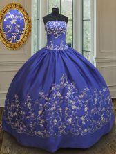 Charming Strapless Sleeveless Quinceanera Dresses Floor Length Embroidery and Bowknot Royal Blue Taffeta