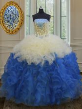  Floor Length Blue And White 15th Birthday Dress Strapless Sleeveless Lace Up